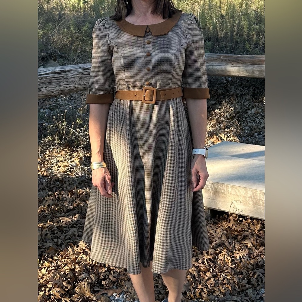SHEIN Brown Plaid Vintage Dress with Belt